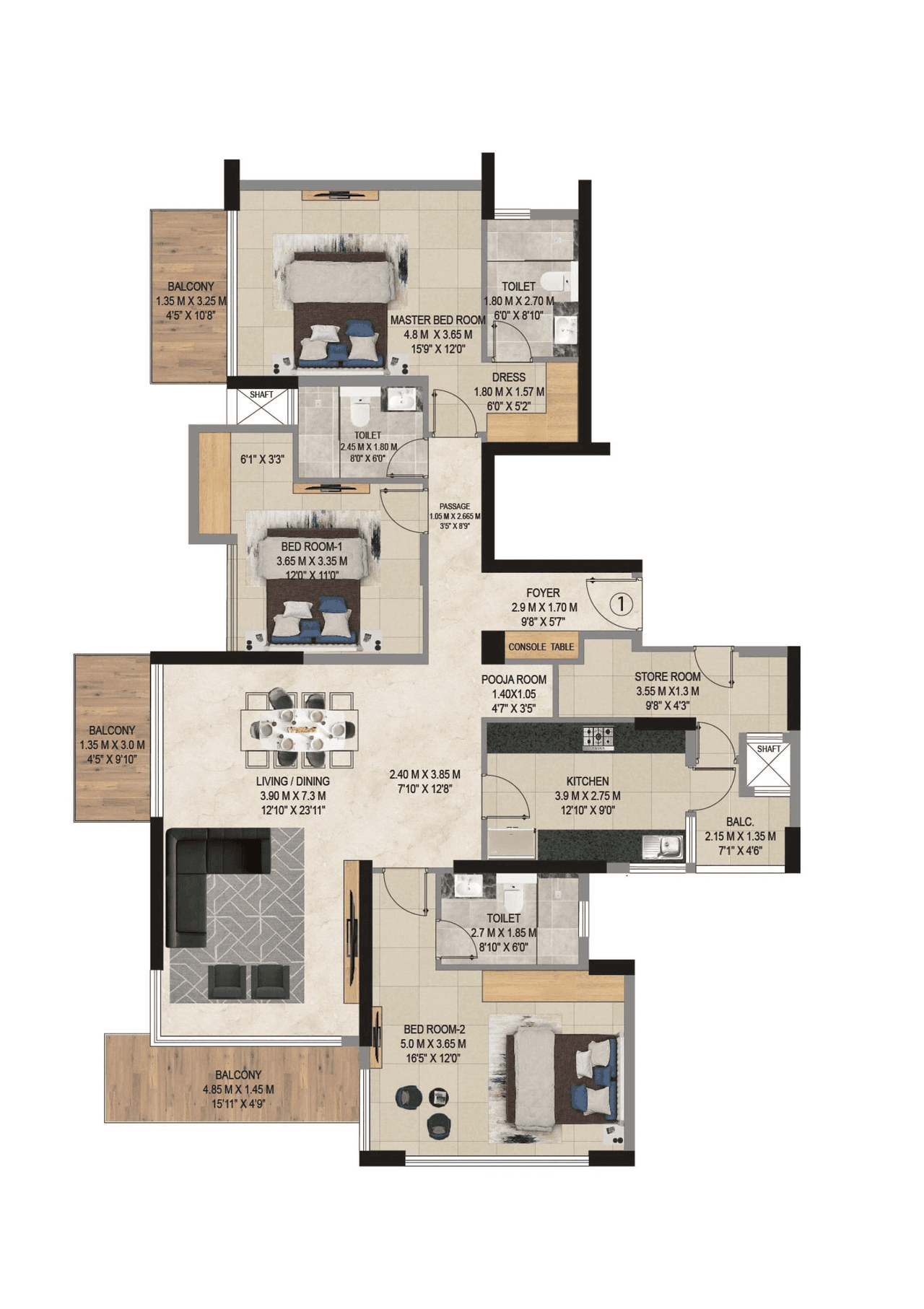 Adani 9 PBR Unit plan - 1300 sq.ft.