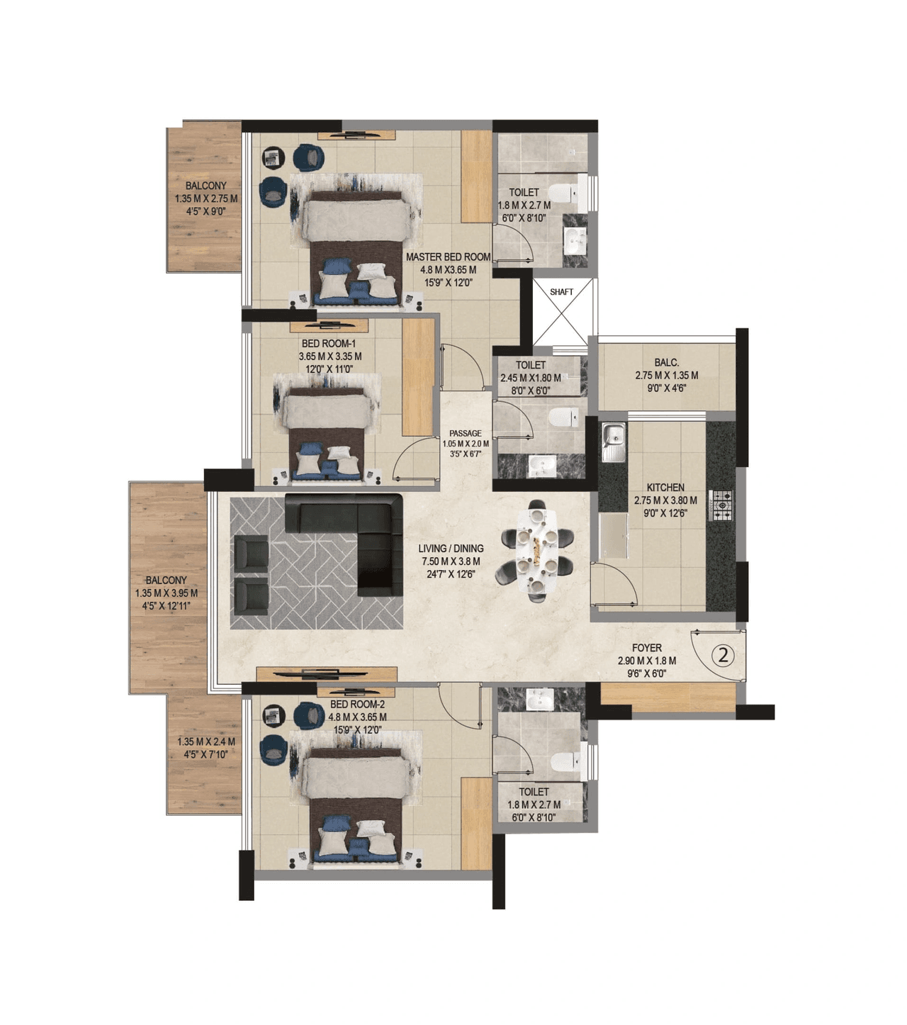 Adani 9 PBR Unit plan - 1400 sq.ft.