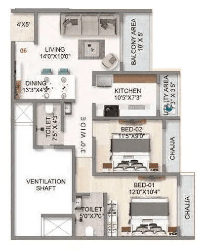 Balaji Sapphire Unit plan - 843 sq.ft.