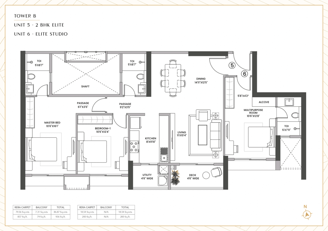 Raheja Antares Unit plan - 1136 sq.ft.