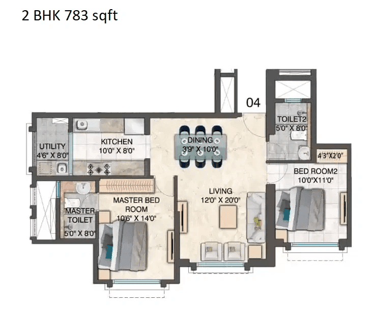 Lodha Bellagio Unit plan - 783 sq.ft.
