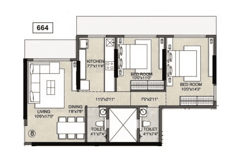Shelaji Gold Leaf Unit plan - 664 sq.ft.