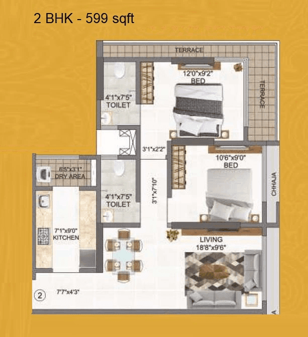 Adityaraj Paradise Unit plan - 599 sq.ft.