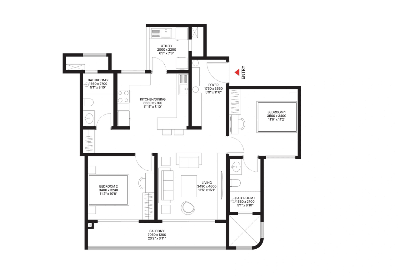 Sobha Magnus Unit plan - 844 sq.ft.