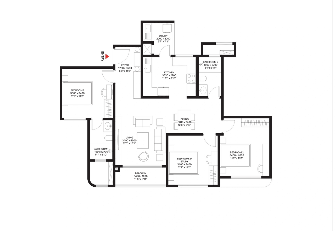 Sobha Magnus Unit plan - 981 sq.ft.