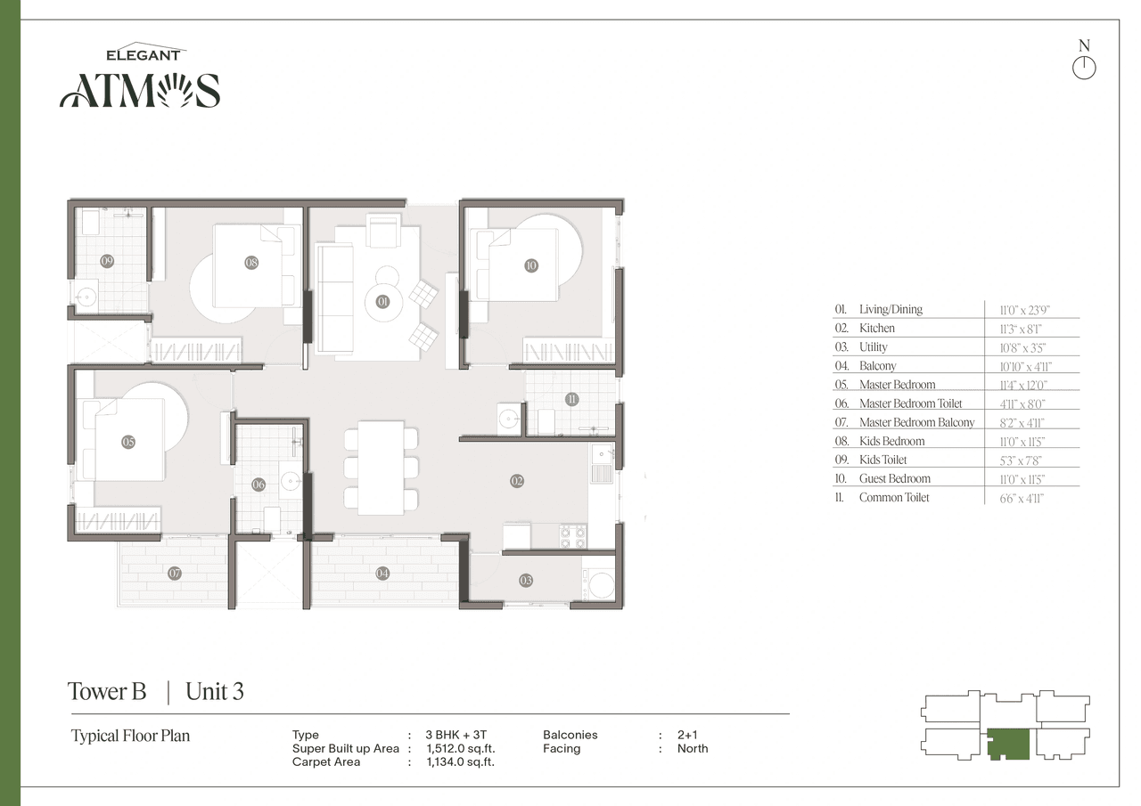 Elegant Atmos Unit plan - 1134 sq.ft.