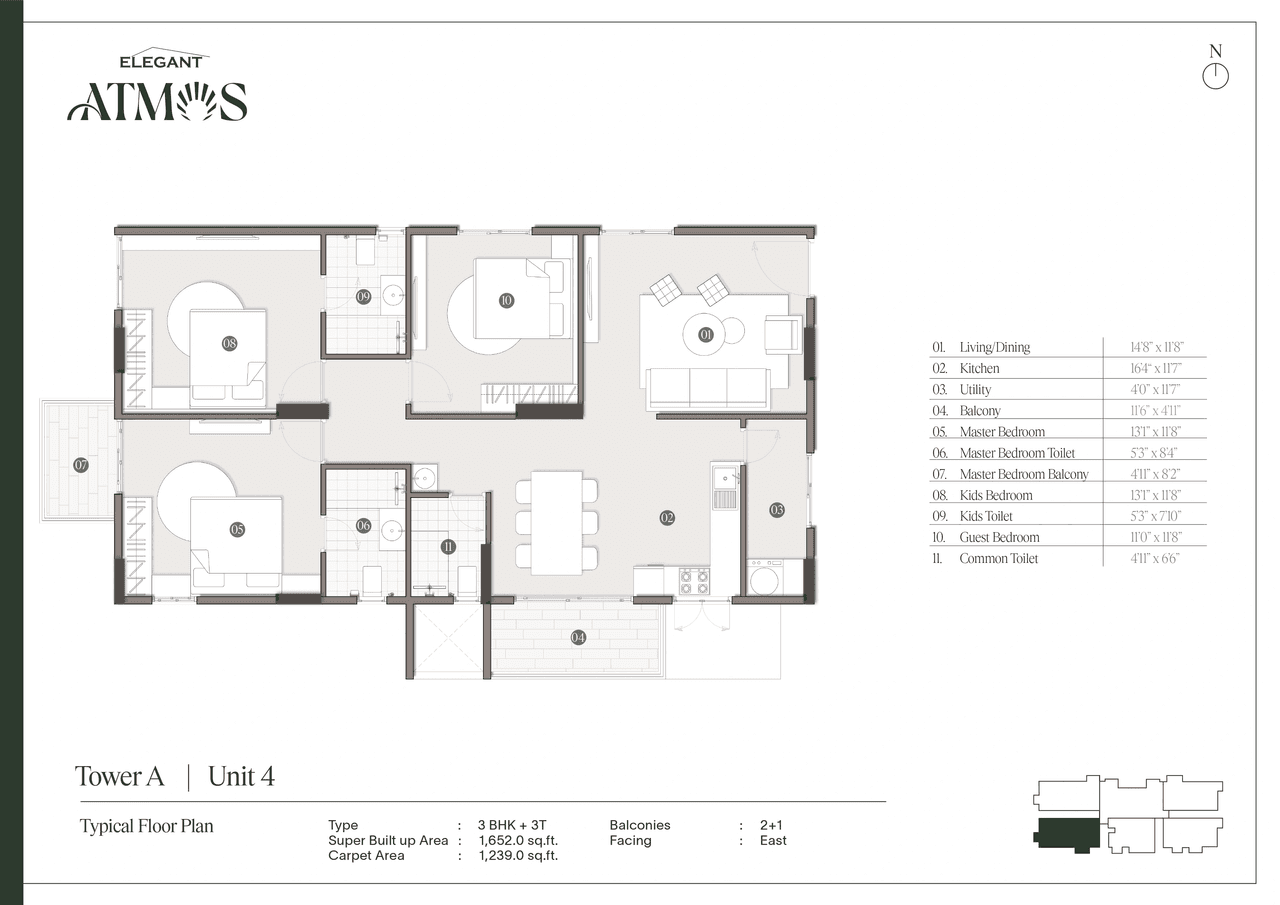 Elegant Atmos Unit plan - 1239 sq.ft.