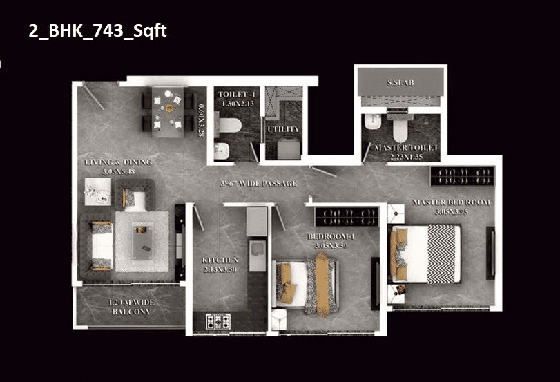Dosti Eastern Bay Unit plan - 743 sq.ft.