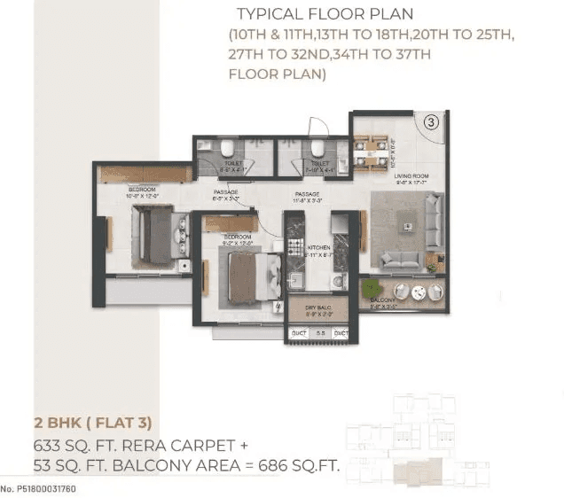 Agarwal Floresta Unit plan - 686 sq.ft.