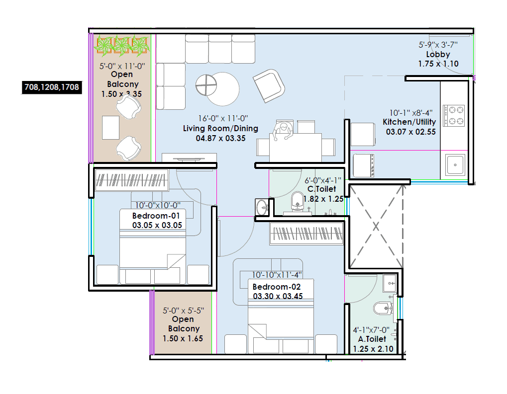 Santiago Genesis Unit plan - 712 sq.ft.