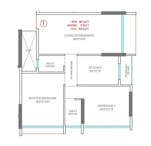DTG Aqua Unit plan - 622 sq.ft.