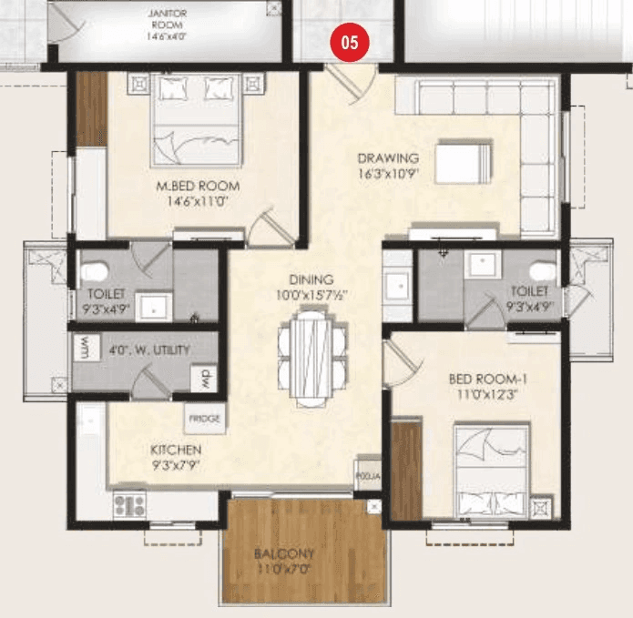 Om Sree Prithvi Unit plan - 965 sq.ft.
