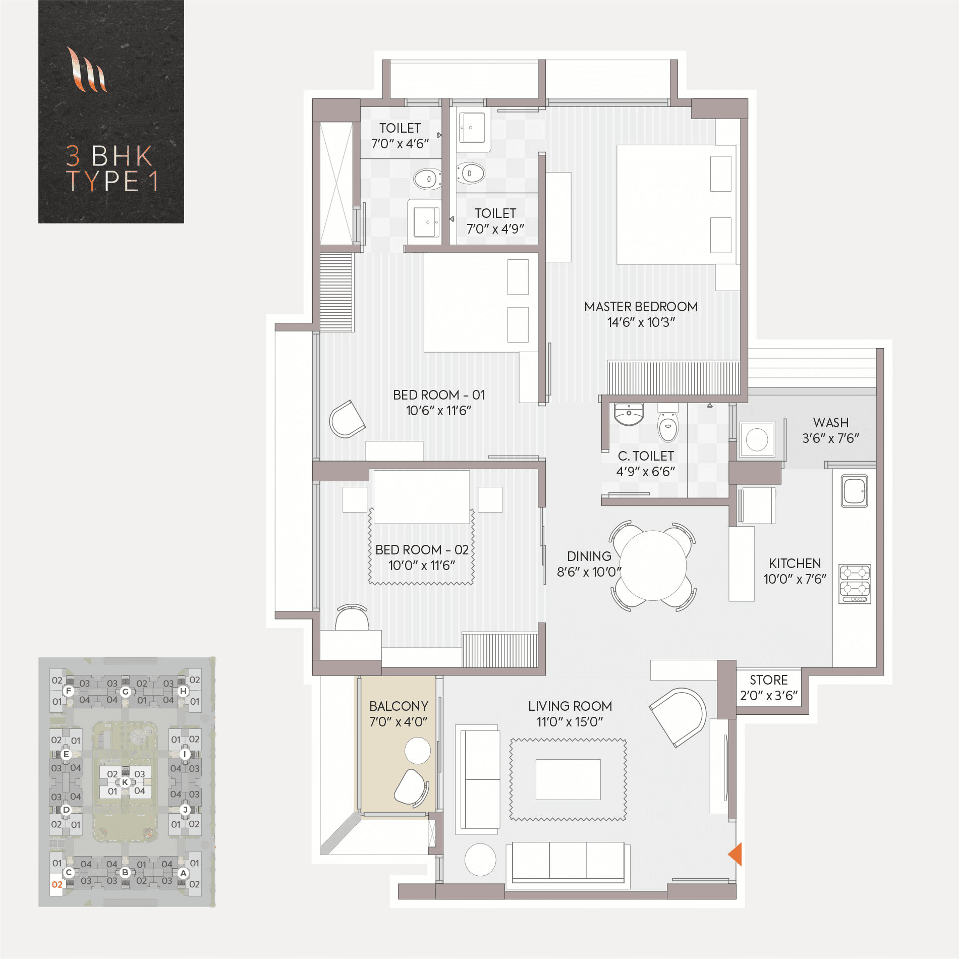 Unit plan - 968 sq.ft.