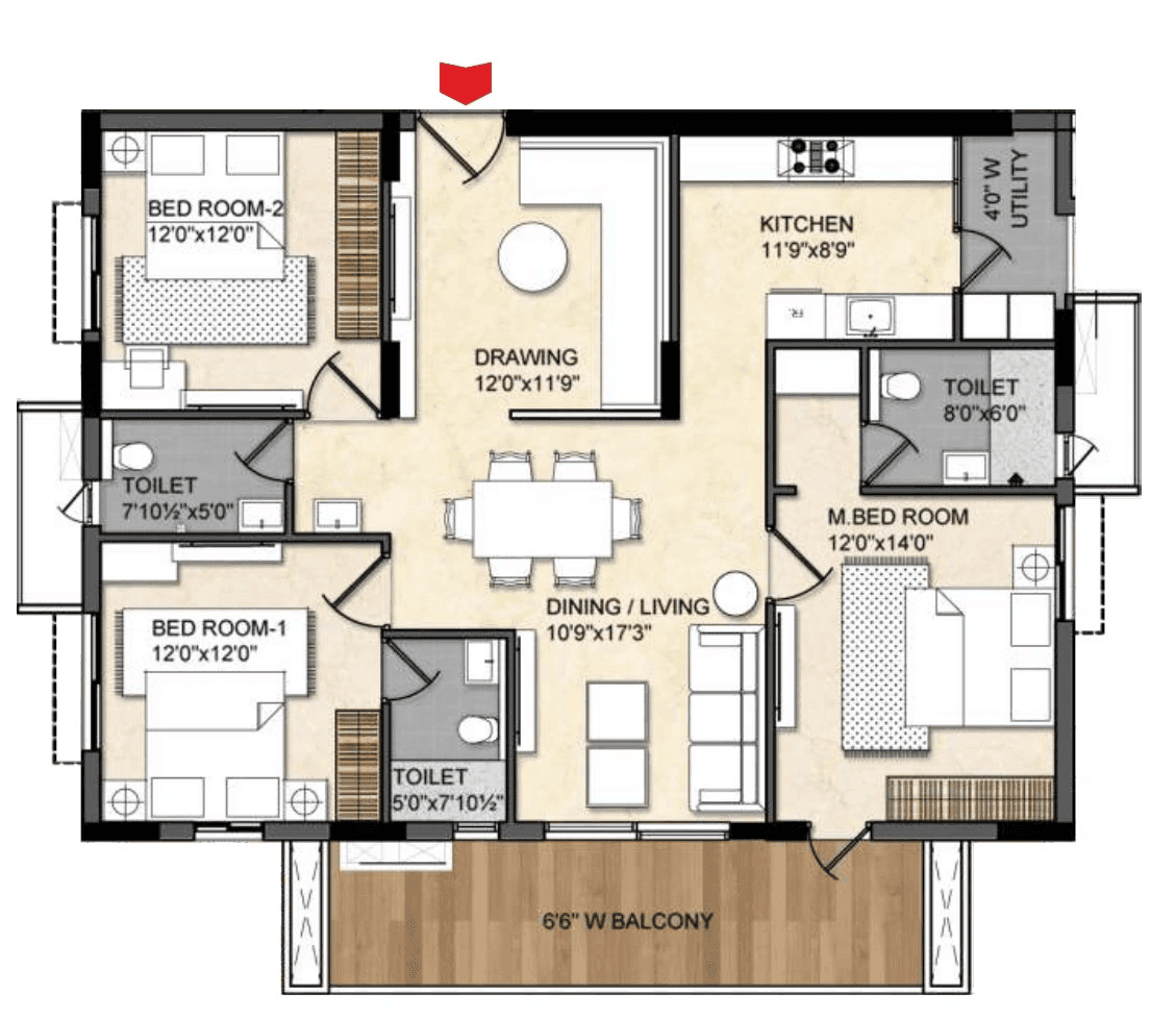 Om Sree Skypark Unit plan - 1271 sq.ft.