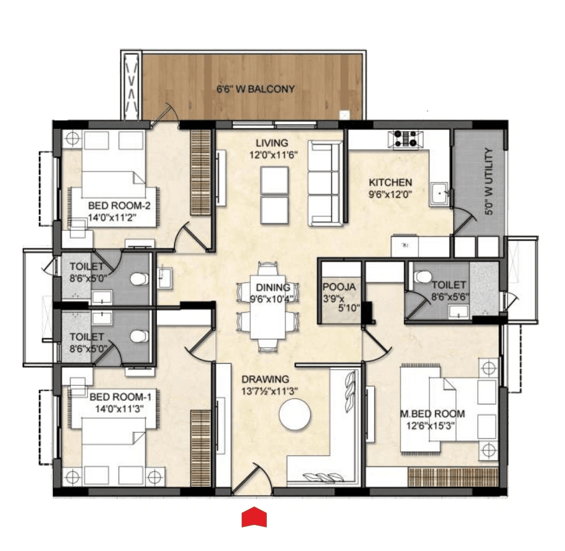 Om Sree Skypark Unit plan - 1407 sq.ft.