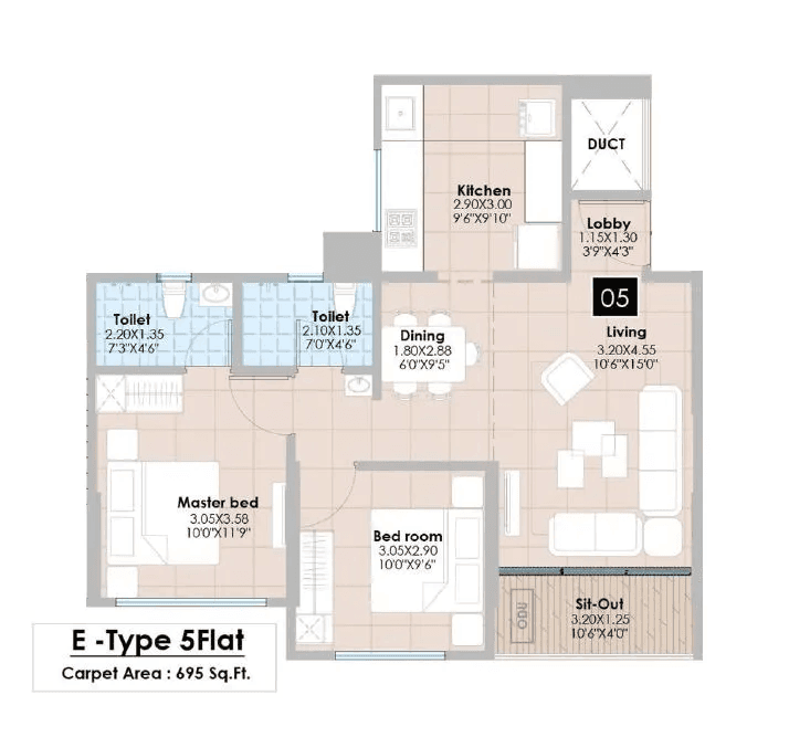 Diamond Prism City Blue Unit plan - 695 sq.ft.