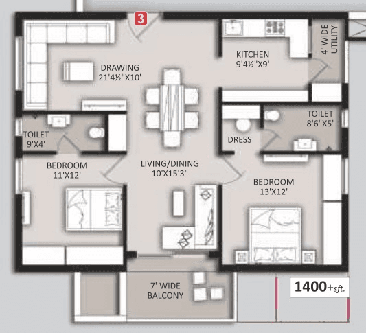 Om Sree Heights Unit plan - 980 sq.ft.