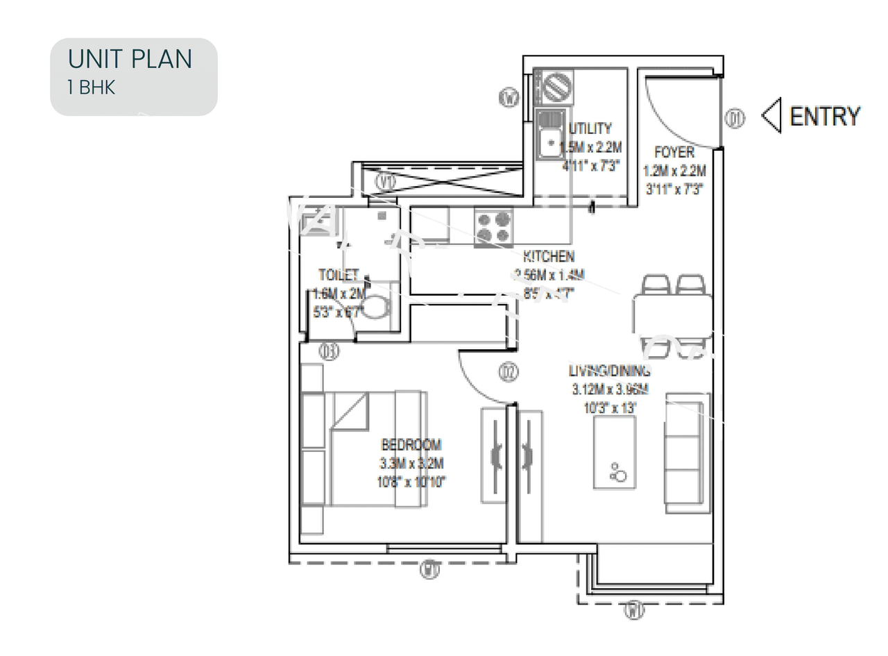 Embassy Verde 2.0 Unit plan - 396 sq.ft.
