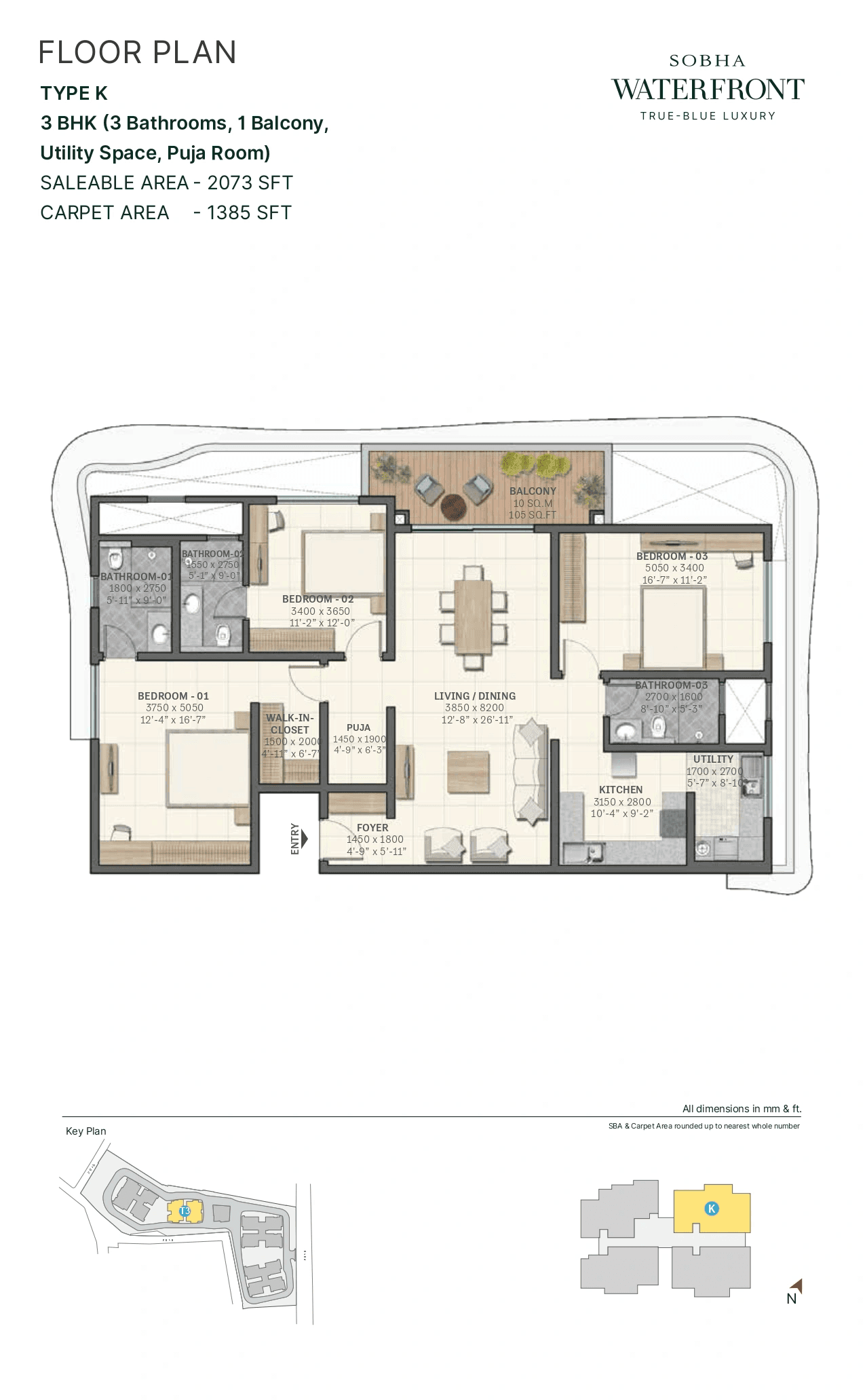Sobha Waterfront Unit plan - 1385 sq.ft.