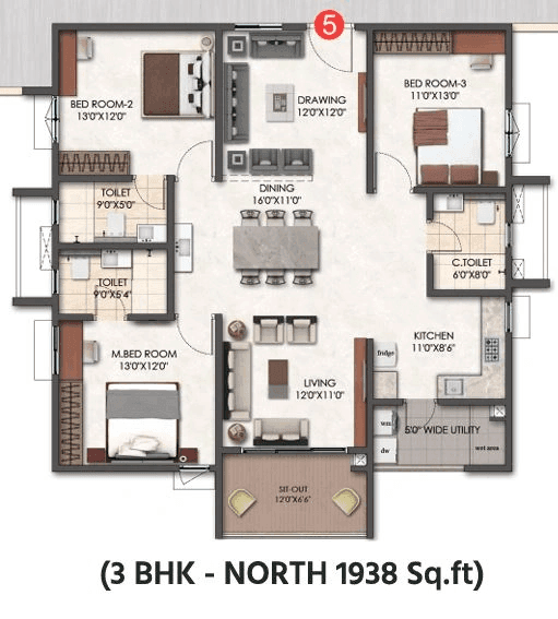 Tridasa Rise Unit plan - 1266 sq.ft.