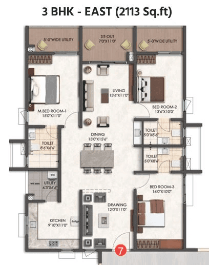 Tridasa Rise Unit plan - 1297 sq.ft.