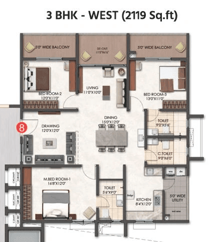 Tridasa Rise Unit plan - 1260 sq.ft.
