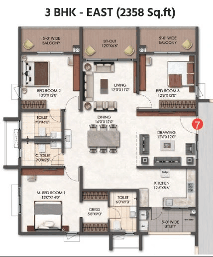 Tridasa Rise Unit plan - 1489 sq.ft.