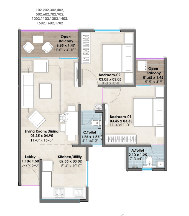 Santiago Skymont Unit plan - 702 sq.ft.