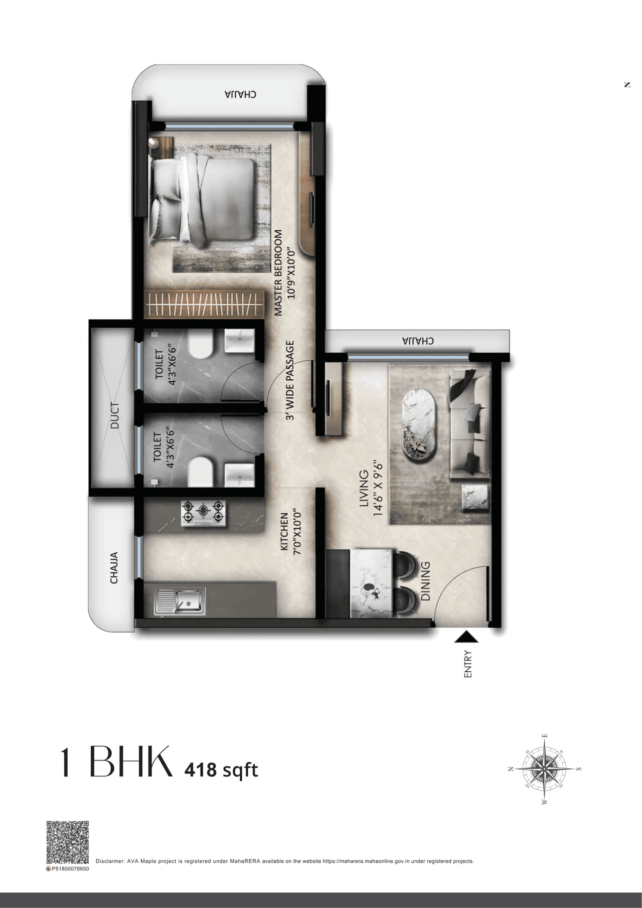 AVA Maple Unit plan - 418 sq.ft.