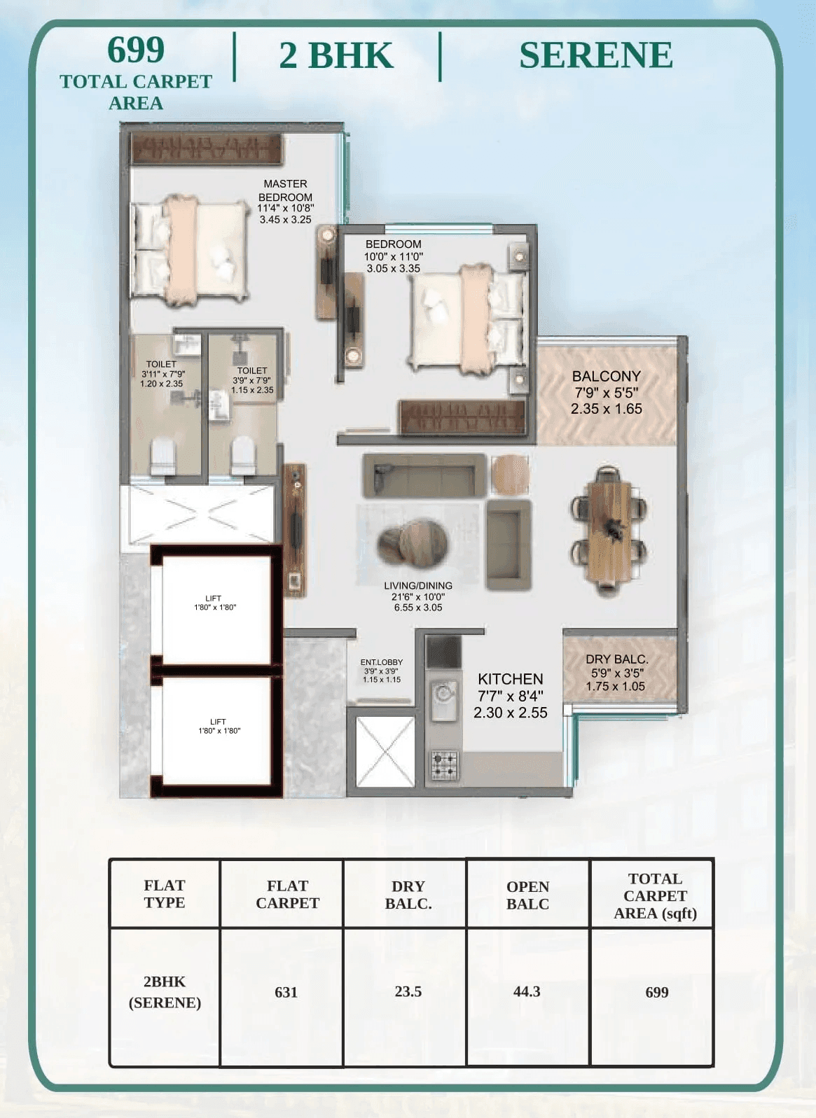 Riswadkar Element 77 Unit plan - 699 sq.ft.