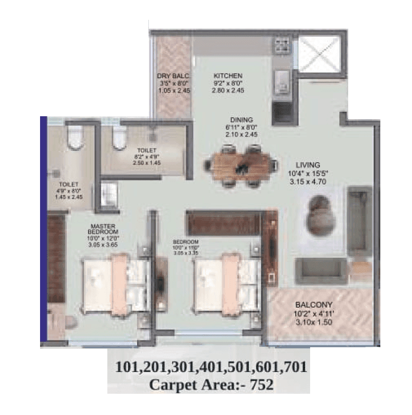 Riswadkar Element 77 Unit plan - 752 sq.ft.