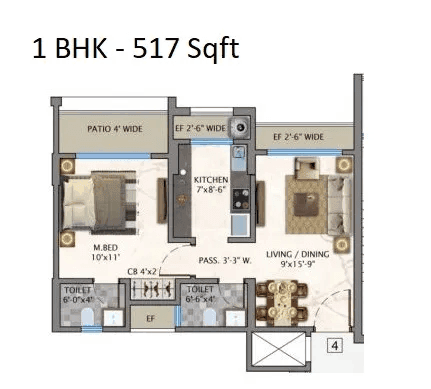 Opal Flora Unit plan - 517 sq.ft.