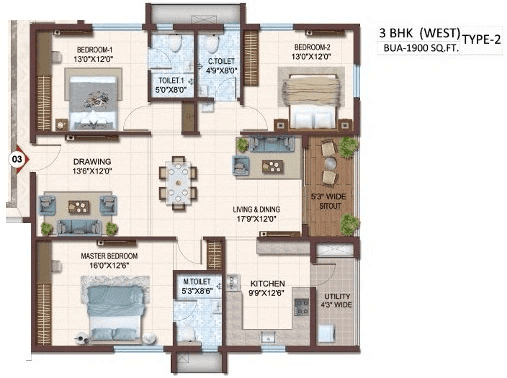 Prosperiti Homes Ekam Unit plan - 1387 sq.ft.