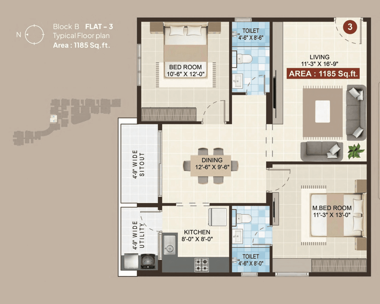 Mohan Tritone Unit plan - 853 sq.ft.