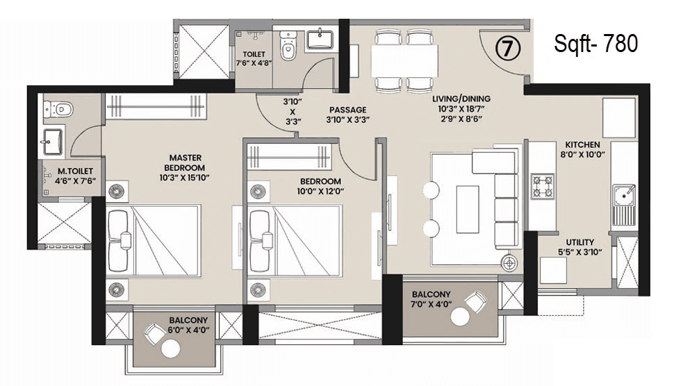Hiranandani The Arena Unit plan - 780 sq.ft.