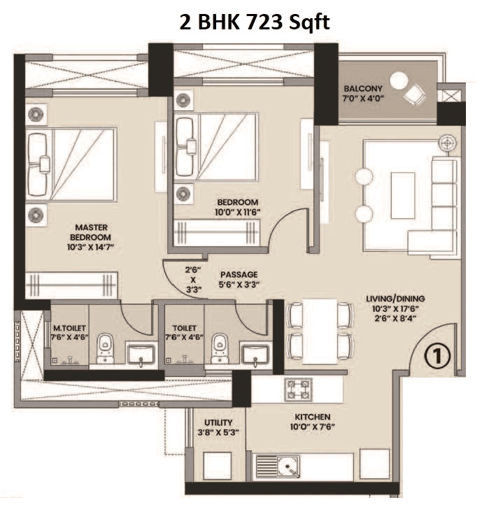 Hiranandani The Arena Unit plan - 723 sq.ft.