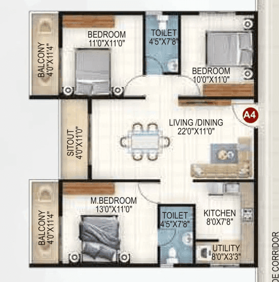 Vaishno Ambaram Unit plan - 972 sq.ft.