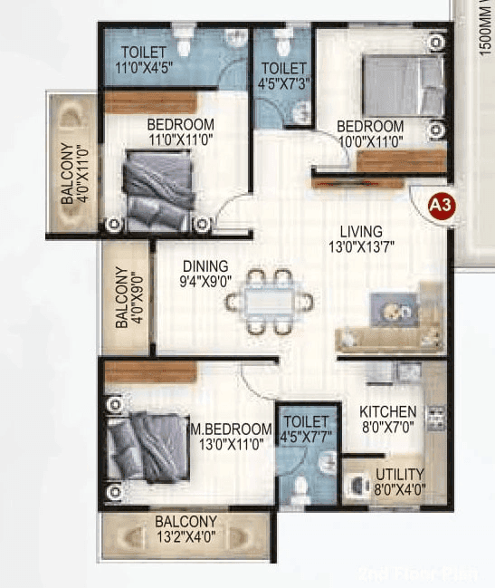 Vaishno Ambaram Unit plan - 1058 sq.ft.