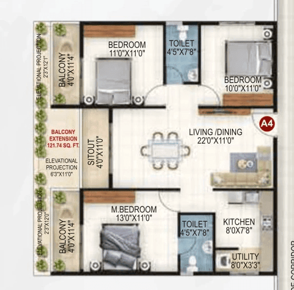 Vaishno Ambaram Unit plan - 1087 sq.ft.