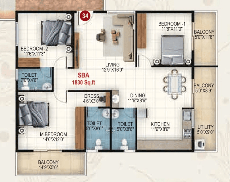 Udbhav Gokulam Unit plan - 1372 sq.ft.
