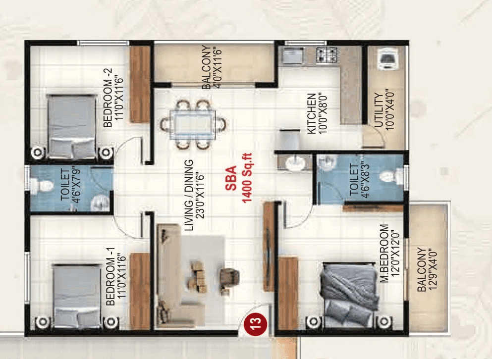 Udbhav Gokulam Unit plan - 1050 sq.ft.