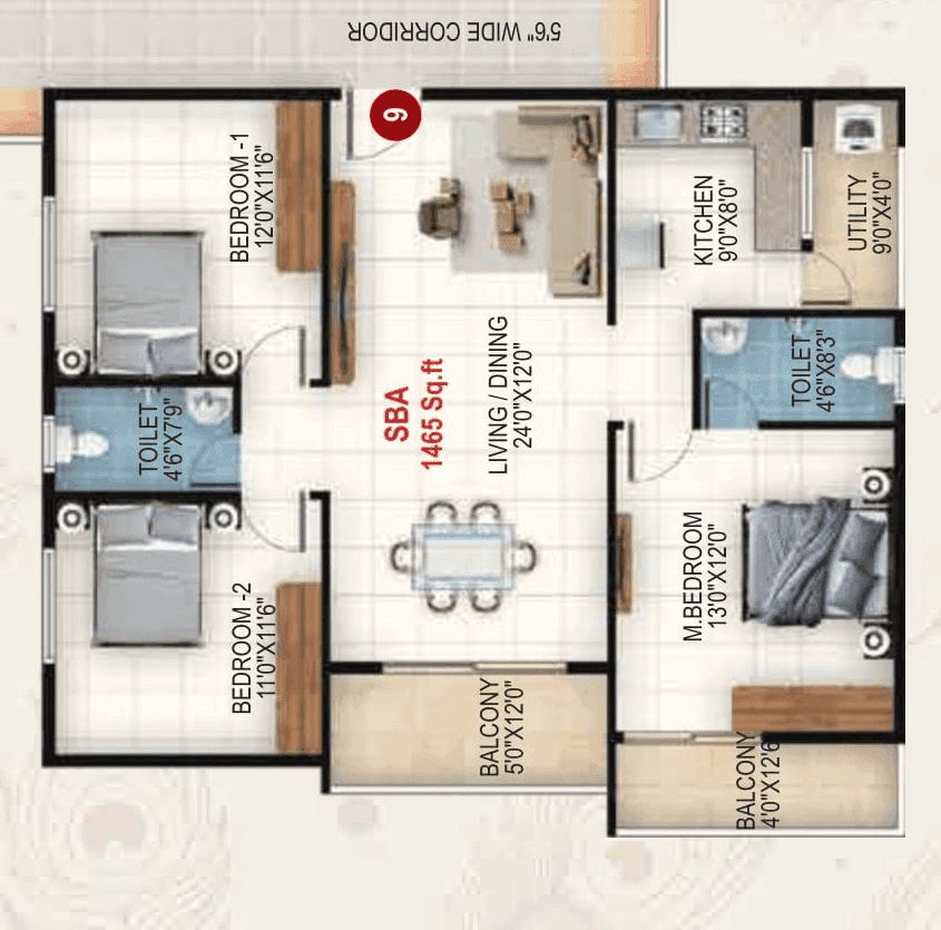 Udbhav Gokulam Unit plan - 1098 sq.ft.