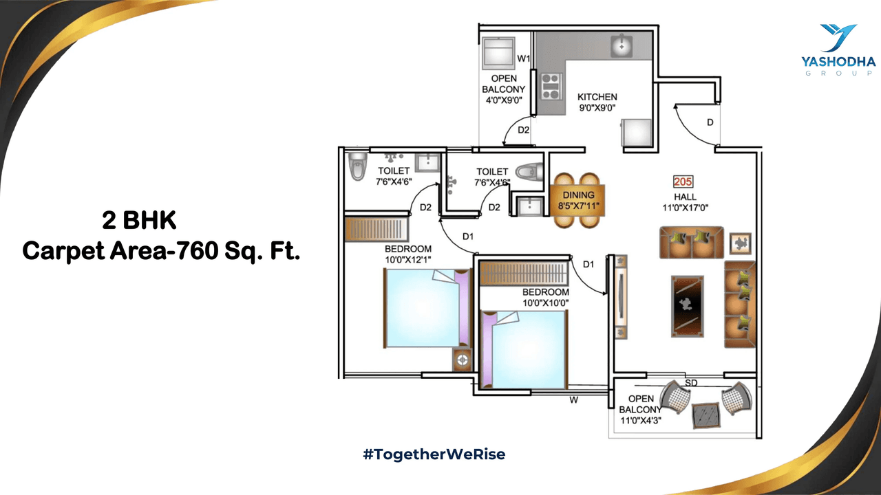 Yashoda East Rise Unit plan - 760 sq.ft.