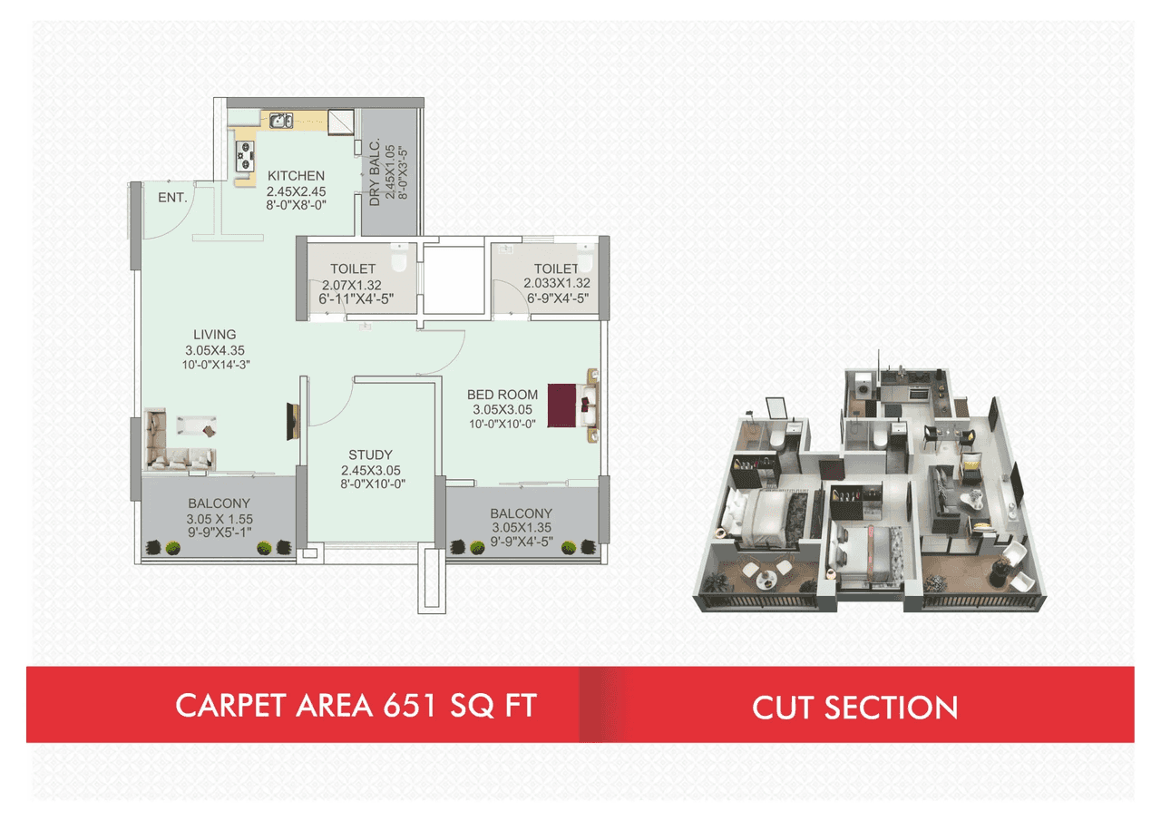 Ganga Amber Phase 2 Unit plan - 651 sq.ft.