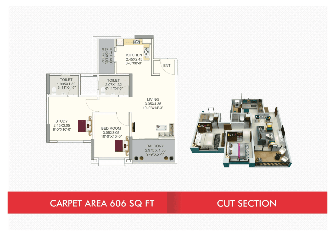 Ganga Amber Phase 2 Unit plan - 605 sq.ft.