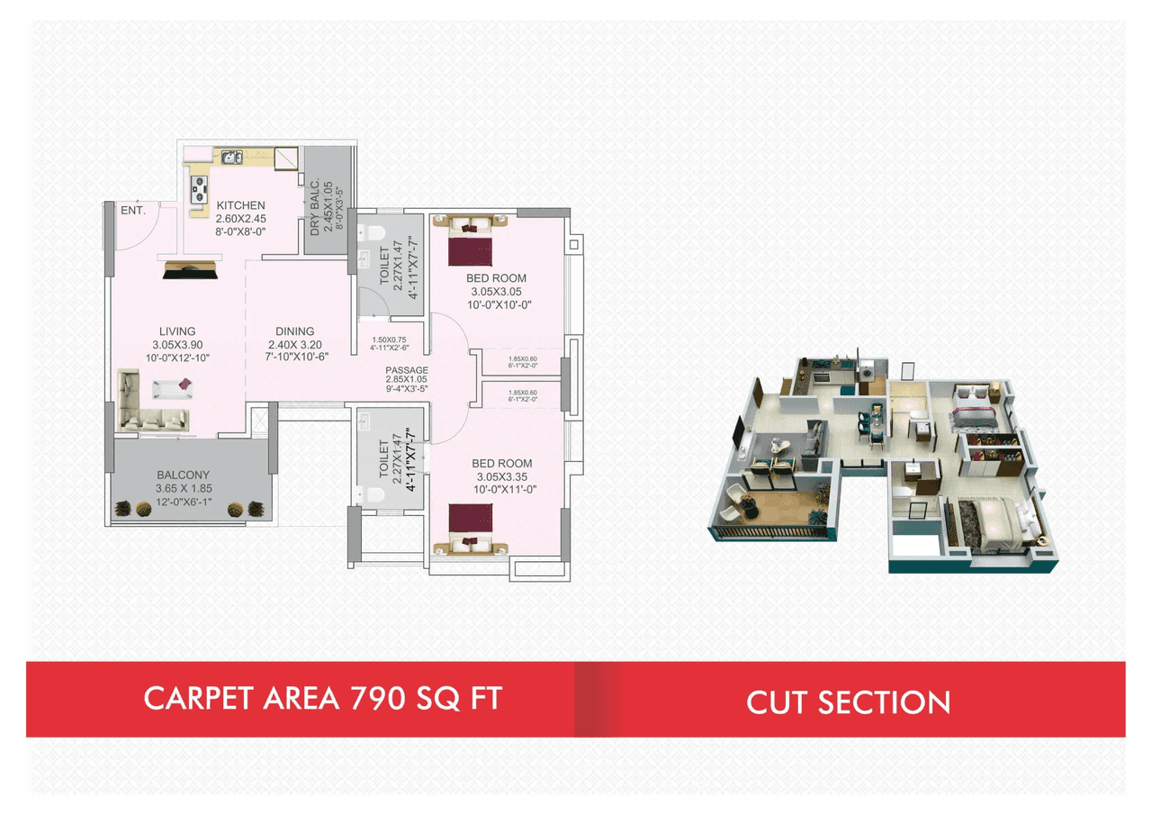 Ganga Amber Phase 2 Unit plan - 790 sq.ft.