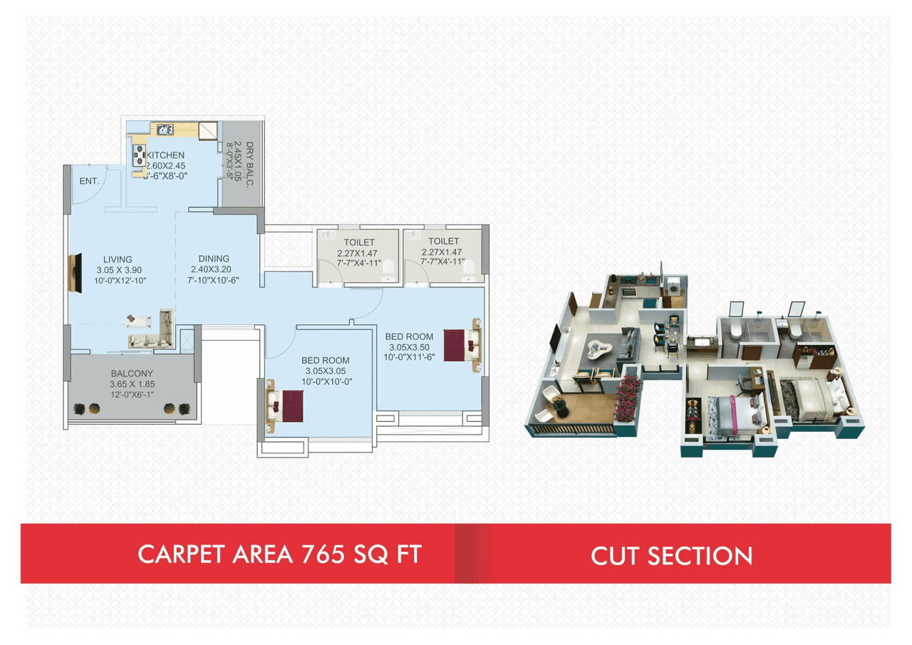 Ganga Amber Phase 2 Unit plan - 765 sq.ft.