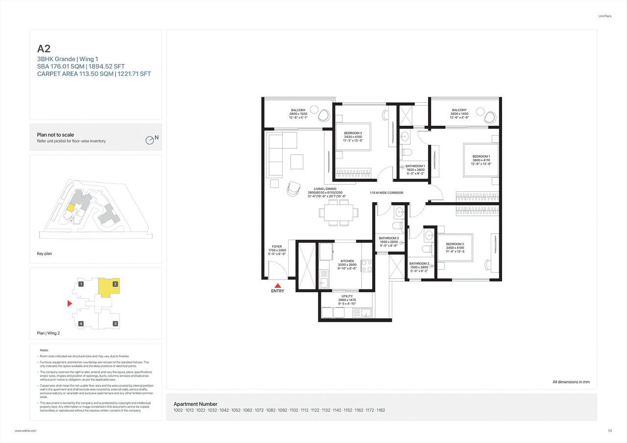 Sobha Altair Unit plan - 1221 sq.ft.