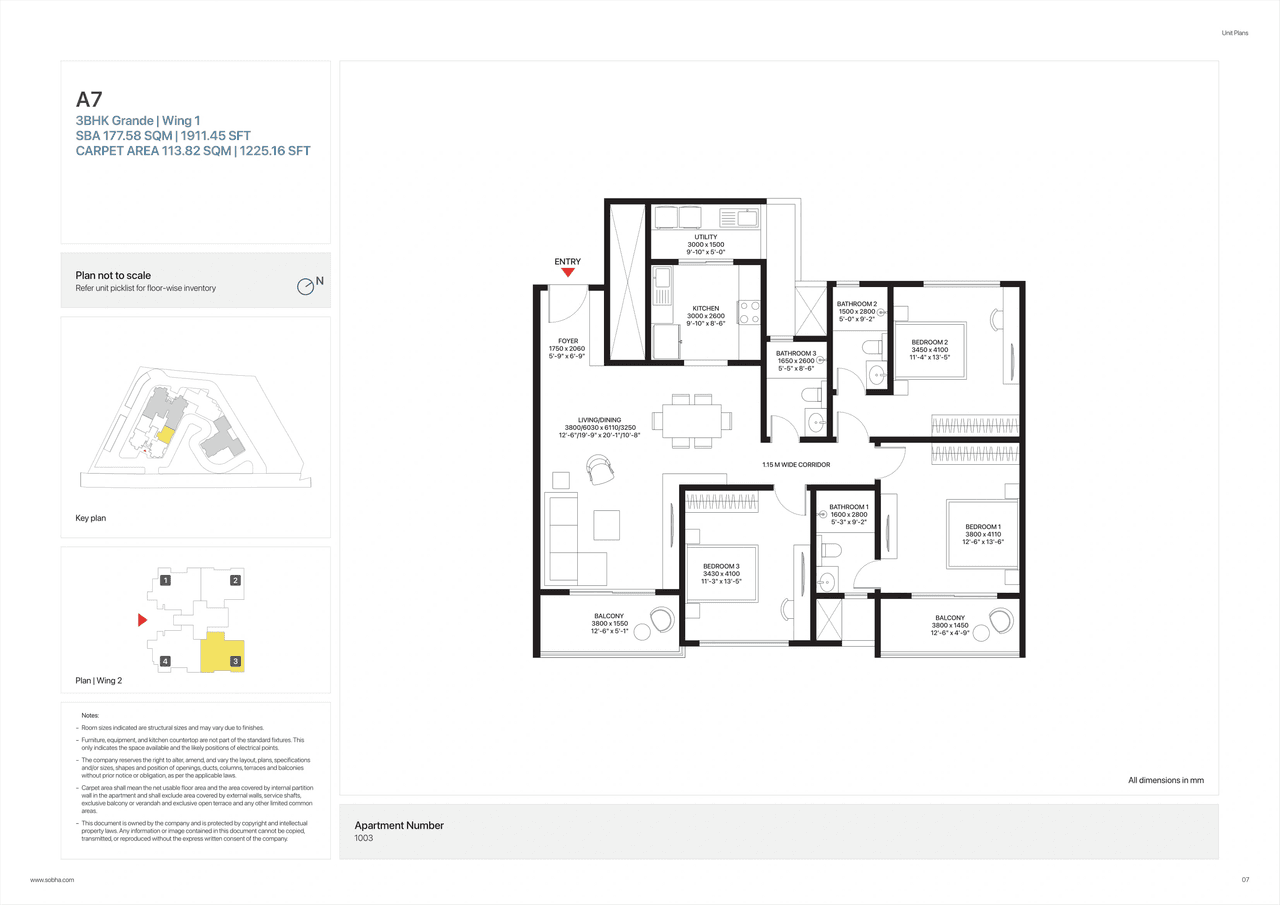 Sobha Altair Unit plan - 1225 sq.ft.