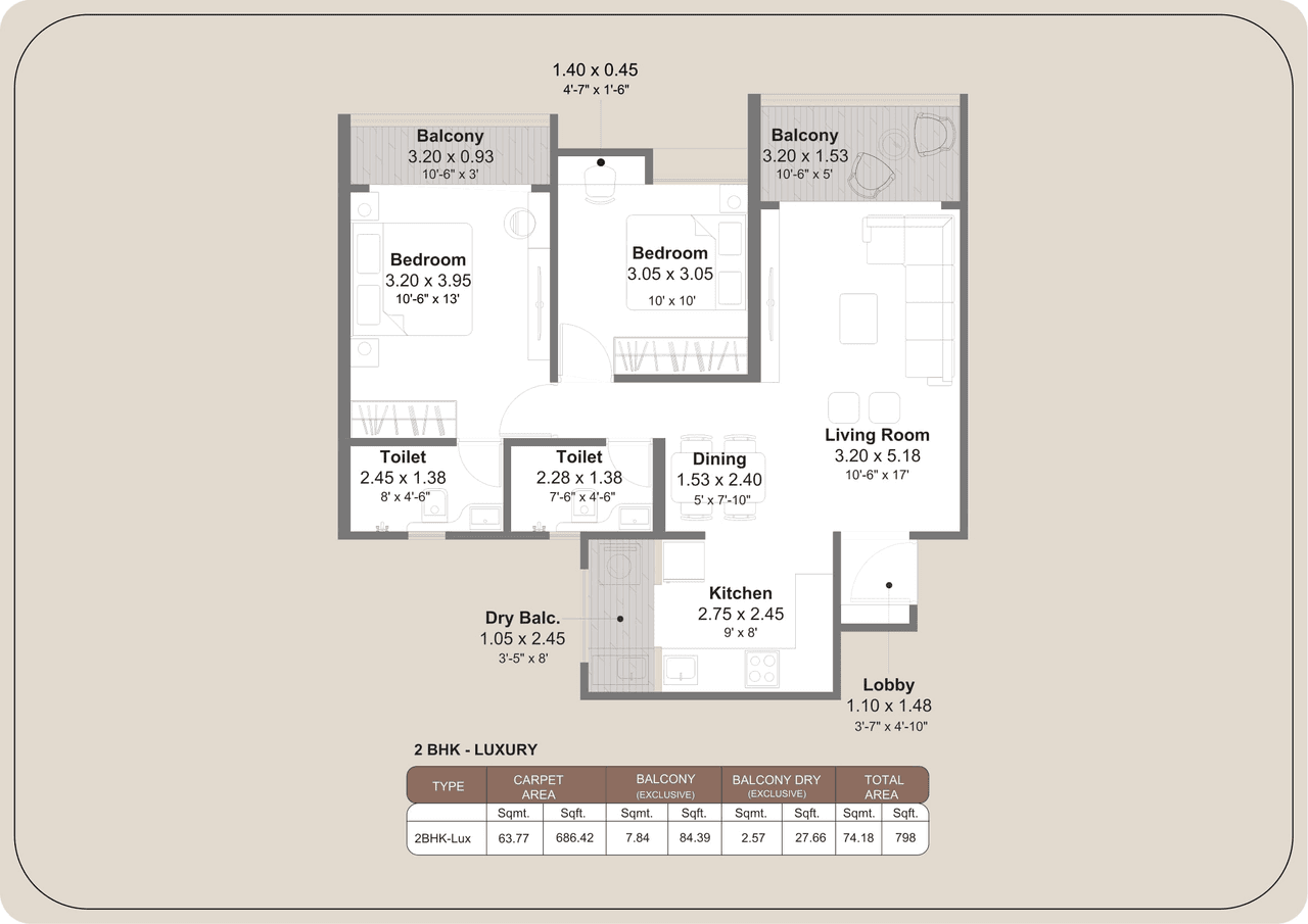 Kohinoor Regalia Towers Unit plan - 798 sq.ft.